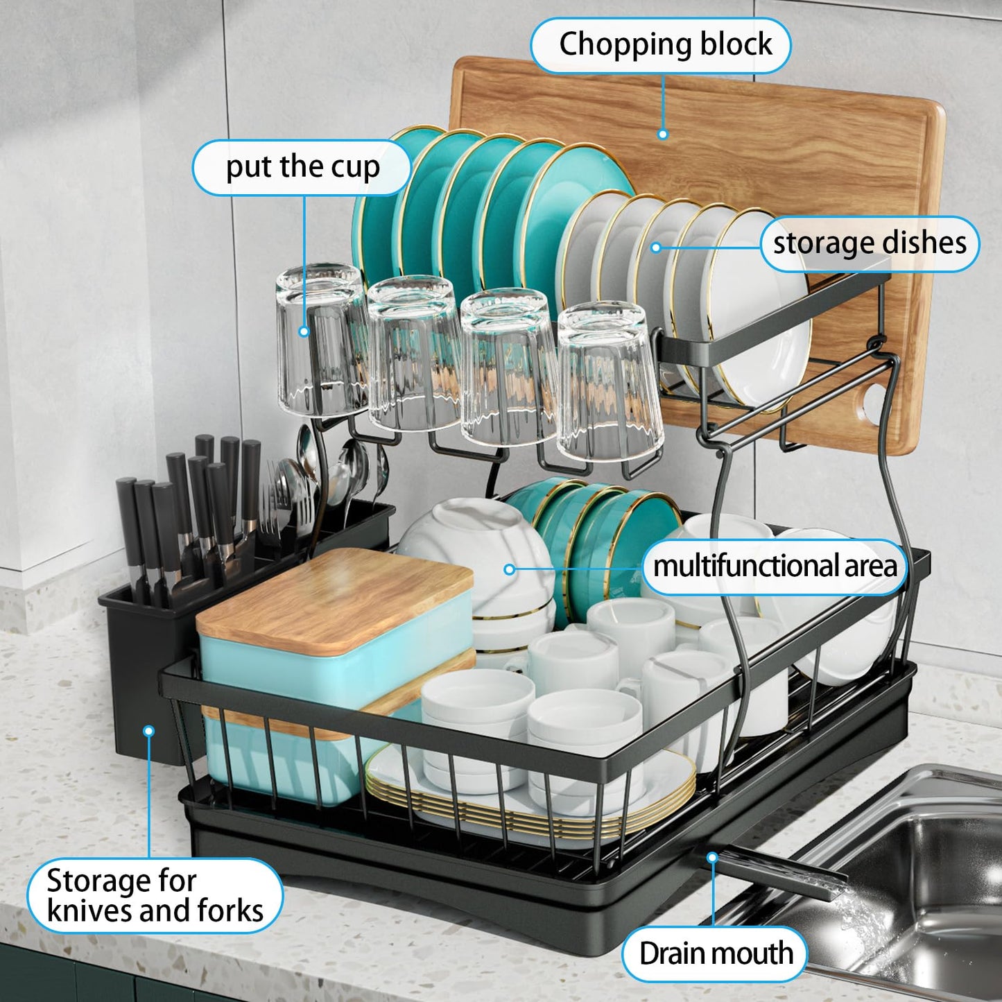 7 code Large Dish Drying Rack for Kitchen Counter, Detachable Large Capacity Dish Drainer Organizer, 2-Tier Dish Racks with Utensil Holder, Black