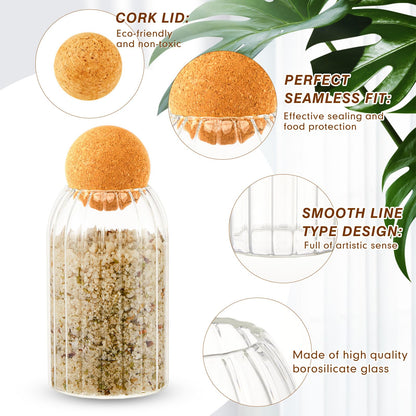 Suclain 5 Pack Glass Jar Set with Spherical Cork Ball 4 Sizes Food Storage Tank Candy Jars Coffee Canister Airtight Jars for Kitchen Ball Bottle Holder Spice Sugar Tea (Vertical Pattern Style)