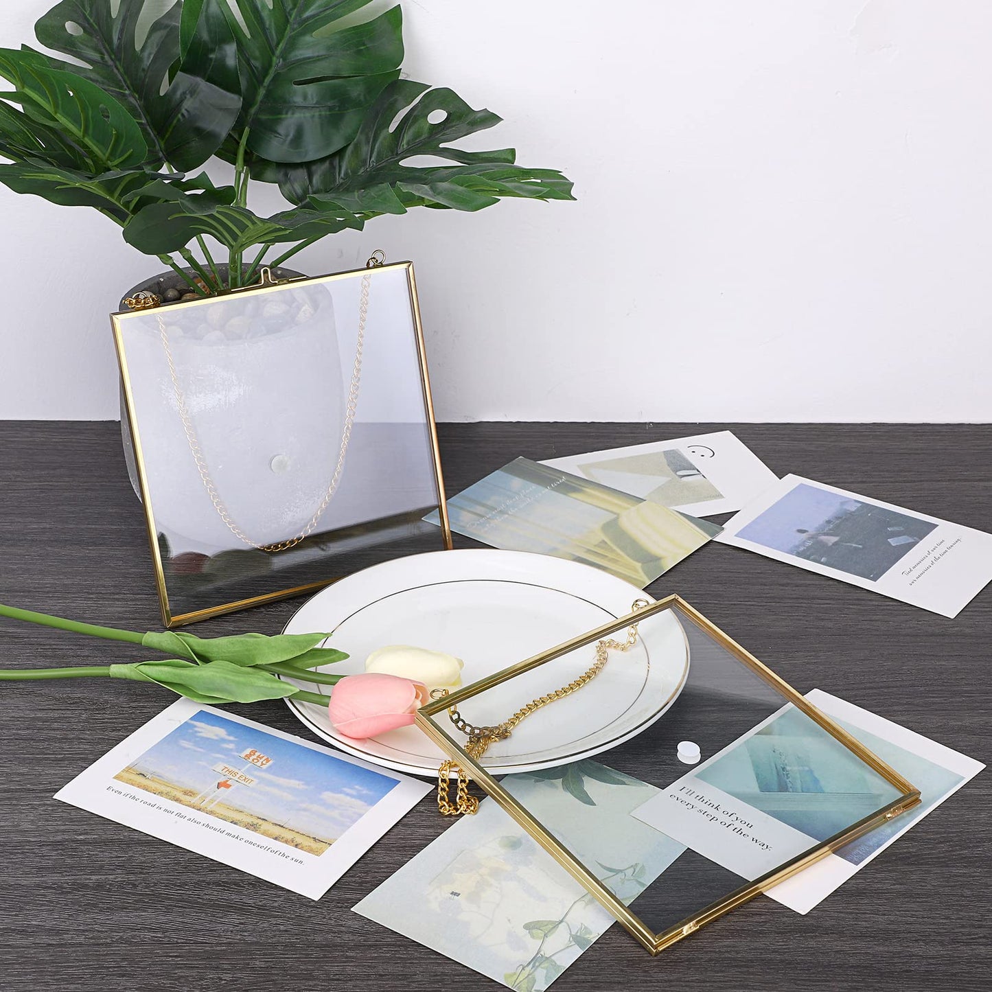 JUXYES 2 Pack Wall Hanging Brass Frame for Pressed Flowers, Glass Floating Frames for Display Dried Flowers Artwork, Double Glass Floating Style Square Gallery Wall Frame for Plants Photo Picture Poster etc