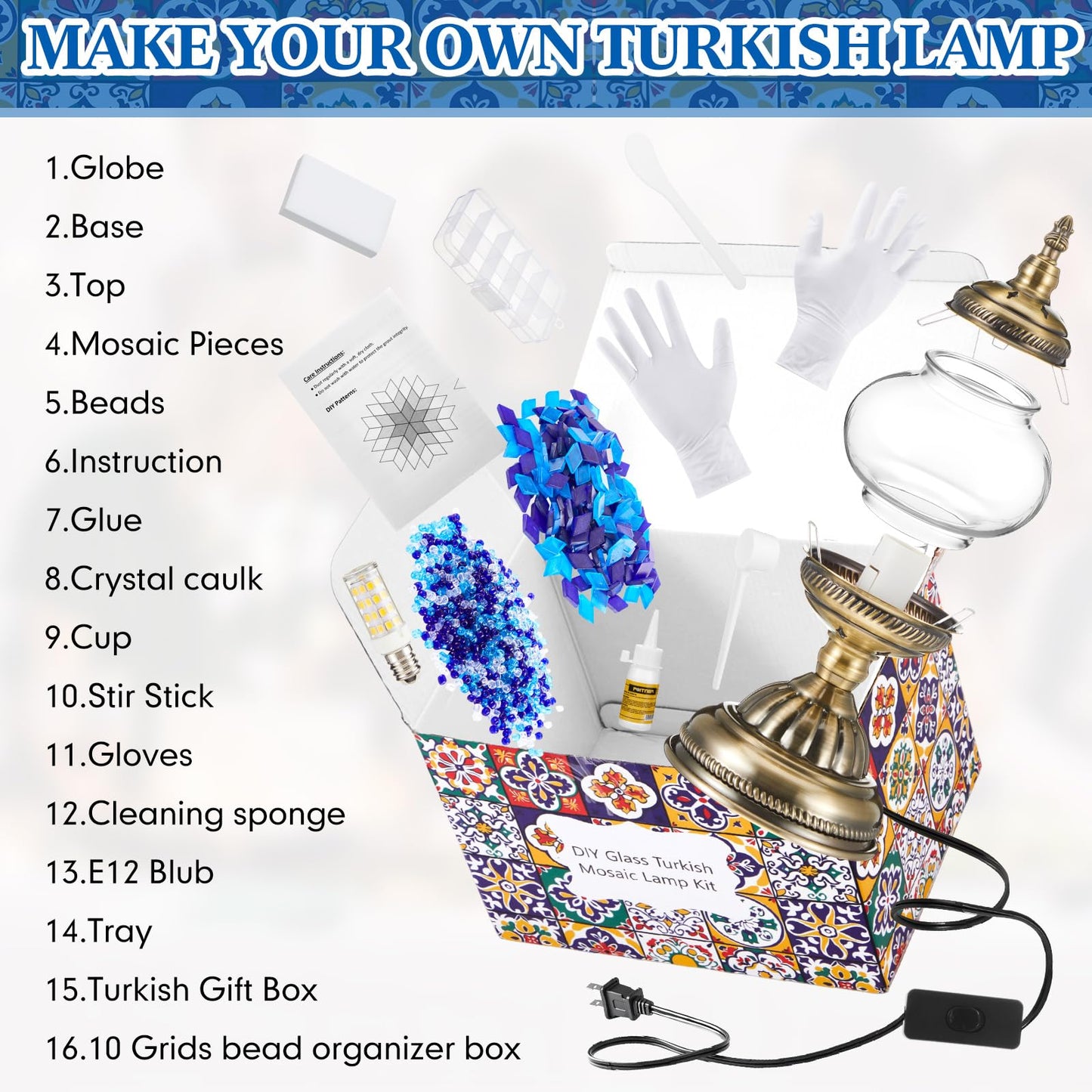 Baquler Turkish Mosaic Lamp Kit DIY Stained Glass Decorative Table Bedside Night Light Tabletop Bohemian Morrocan Lamp Crfat Kit for Living Room Decorations, Make Your Own(Blue)