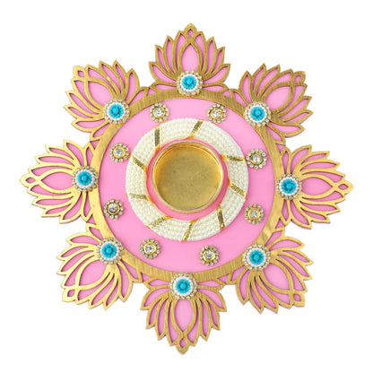 Aditri Creation Decorative MDF Lotus Rangoli with T-Light Candle Holder Stand for Indian Cultural Festival Gifts Made up of Golden Embroideries New Year Gifting Idea Home Decor(Size:-8")(Light Pink)