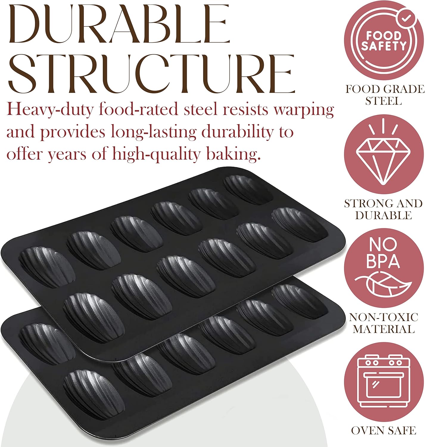 Bellemain Madeleine Pan - 12-Well Nonstick Tea Cake Pan for 12 Madeleines, Warp-Resistant Carbon Steel (2-Pack)