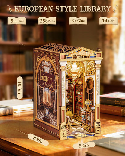 Rolife Book Nook Kits 3D Wooden Puzzle for Adults - Library of Wonders 258-Piece DIY Booknook Building Kit Baroque Architecture Model Bookshelf Decor Craft Gift for Adult Book Lovers