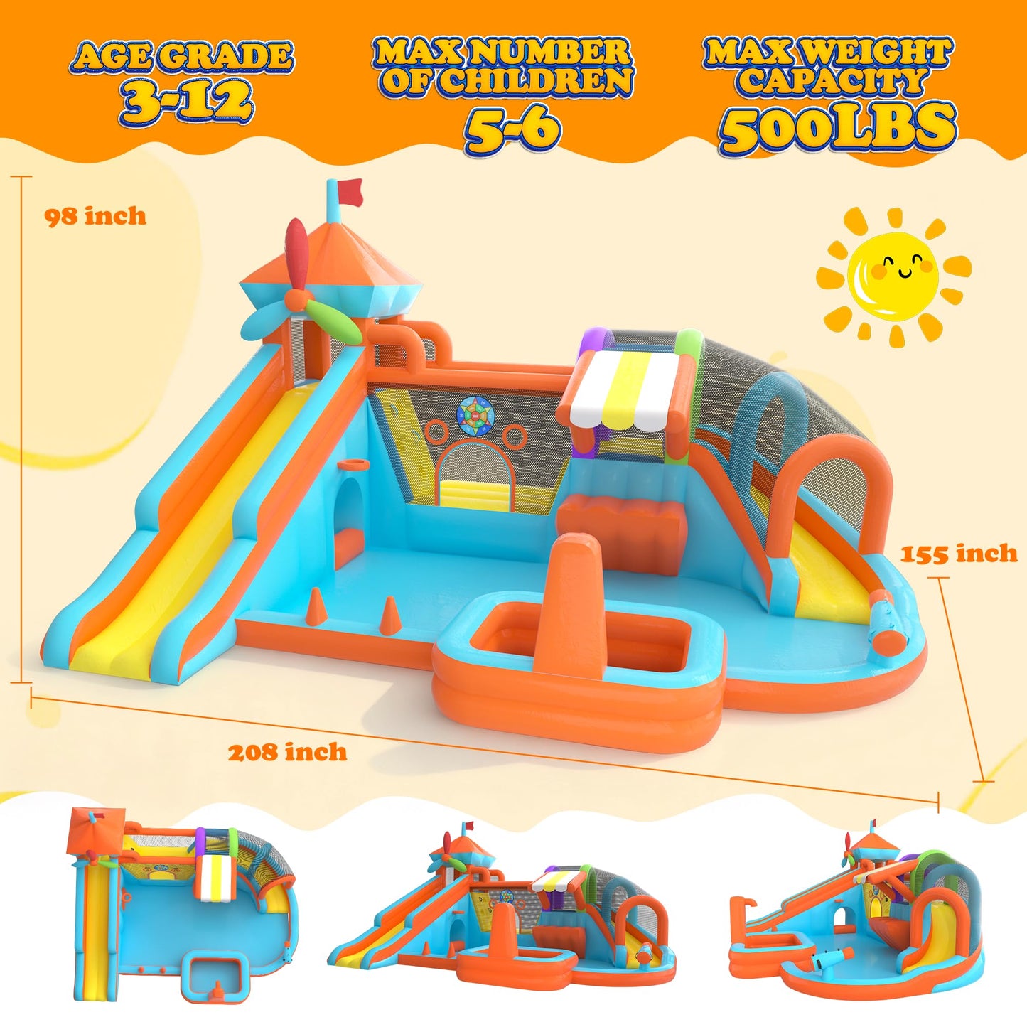 Inflatable Bounce House with Double Slide, 10 in 1 Large Bounce Castle with 750W Blower, Water Slide, Jumping, Splash Pool, Climbing Wall, Toy Stand, Water Cannon, Basketball, Tunnel, Outdoor, Orange
