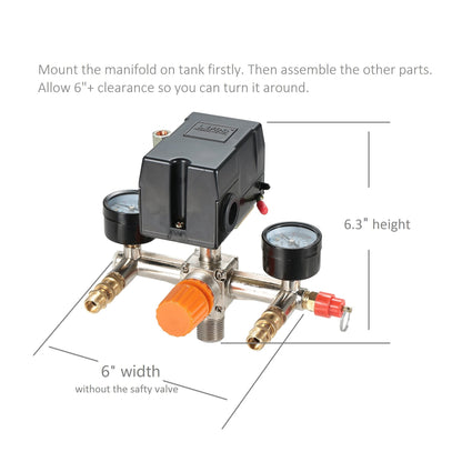 Secbolt Pressure Switch Manifold Regulator Gauges Air Compressor Pressure Switch Control Valve 90-120PSI (Horizontal Switch)