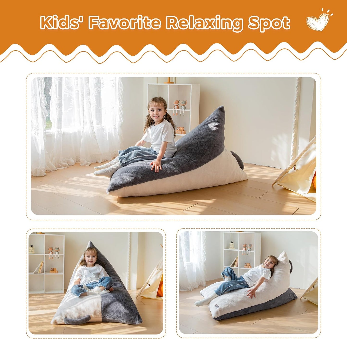 MAXYOYO Kids Bean Bag Chair, Stuffed Bean Bag with Handle for Boys and Girls, Two-Tone Design Child Lazy Chair