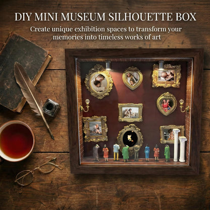 DIY Mini Museum Silhouette Box, Shadow Box Frame Set, Museum of Us Box with Gold Mini Picture Frames & Figurines for Mother's Day, Anniversary and Valentine's Day Gifts (Walnut Wood Color)