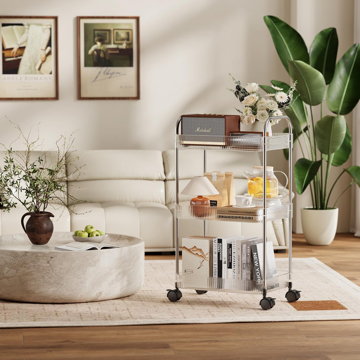 STARLATTA 3 Tier Rolling Cart with Lockable Wheels, Clear Acrylic Utility Trolley with Handle, Heavy-Duty Storage Organizer for Kitchen Bathroom Nursery Laundry - Snack Book Craft Organizer (Clear)