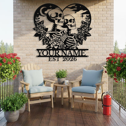 Personalized Skeleton Couple Metal Sign, Custom Skull Couple Name Sign Wall Decor Romantic Skull Lovers Wall Art Gothic Wedding Decor Personalized Wedding Valentine's Day Gift for Couples