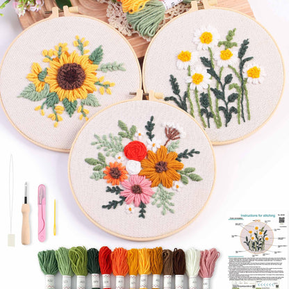 REEWISLY Punch Needle Embroidery Starter Kits for Beginners Flower and Grass Patterns.3Ps Embroidery Hoops,Color Threads,Instructions and Needles,DIY Adults Embroidery, Video Teaching