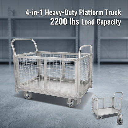 4-in-1 Rolling carts with cage, Multi-Purpose Heavy-Duty Duty cart, 2200-pound Capacity, Folding cart with 5-inch Wheels, for Groceries, Garage, Warehouse (39.4 inches Long x 23.6 inches Wide)