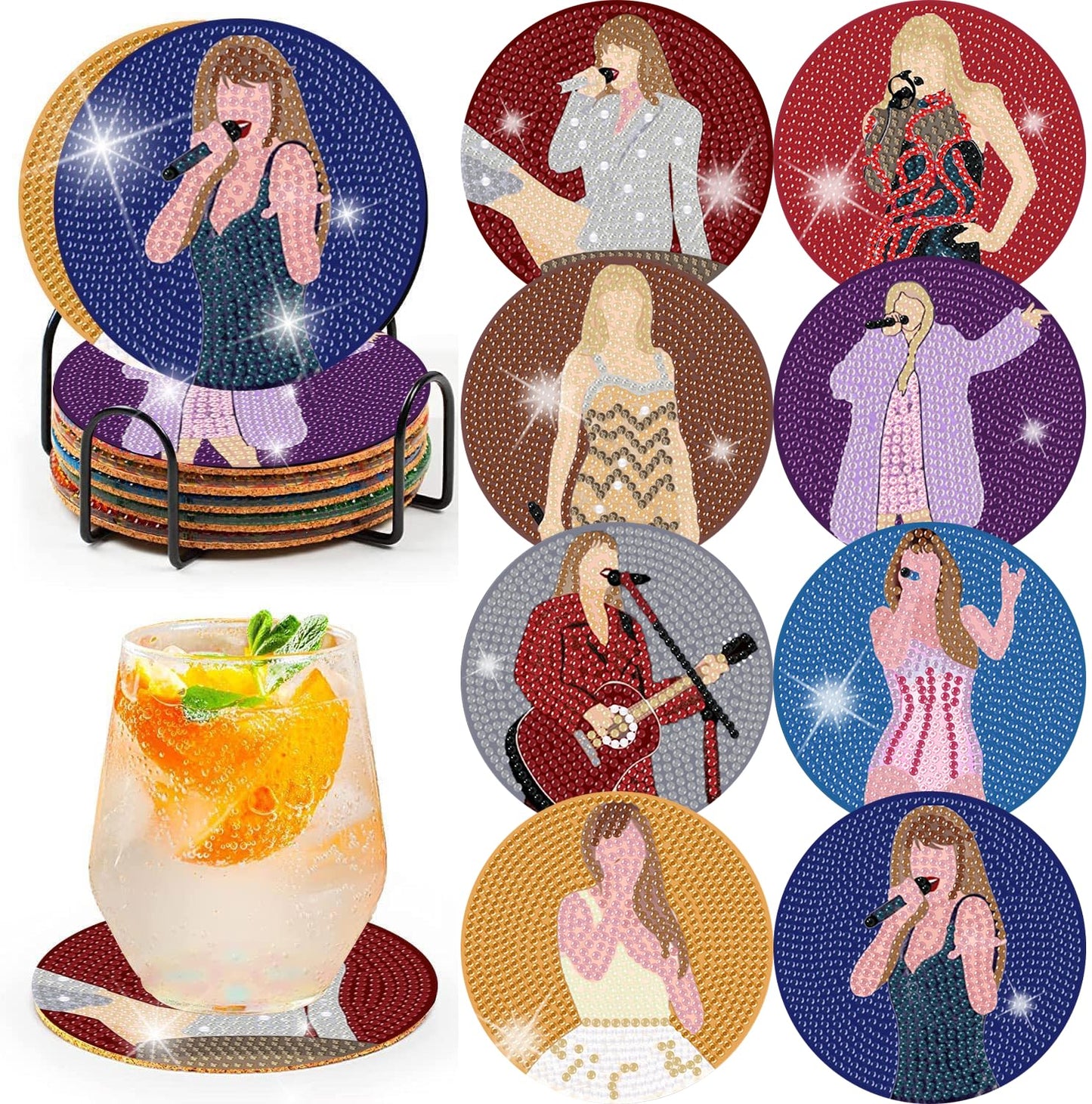 Clendo Pop Star Diamond Painting Coasters Kits for Adults, 8PCS Pop Diamond Art Coaster Kits with Holder, Small Diamond Painting Kits for Adults & Kids Art Craft Supplies, Bdwy041