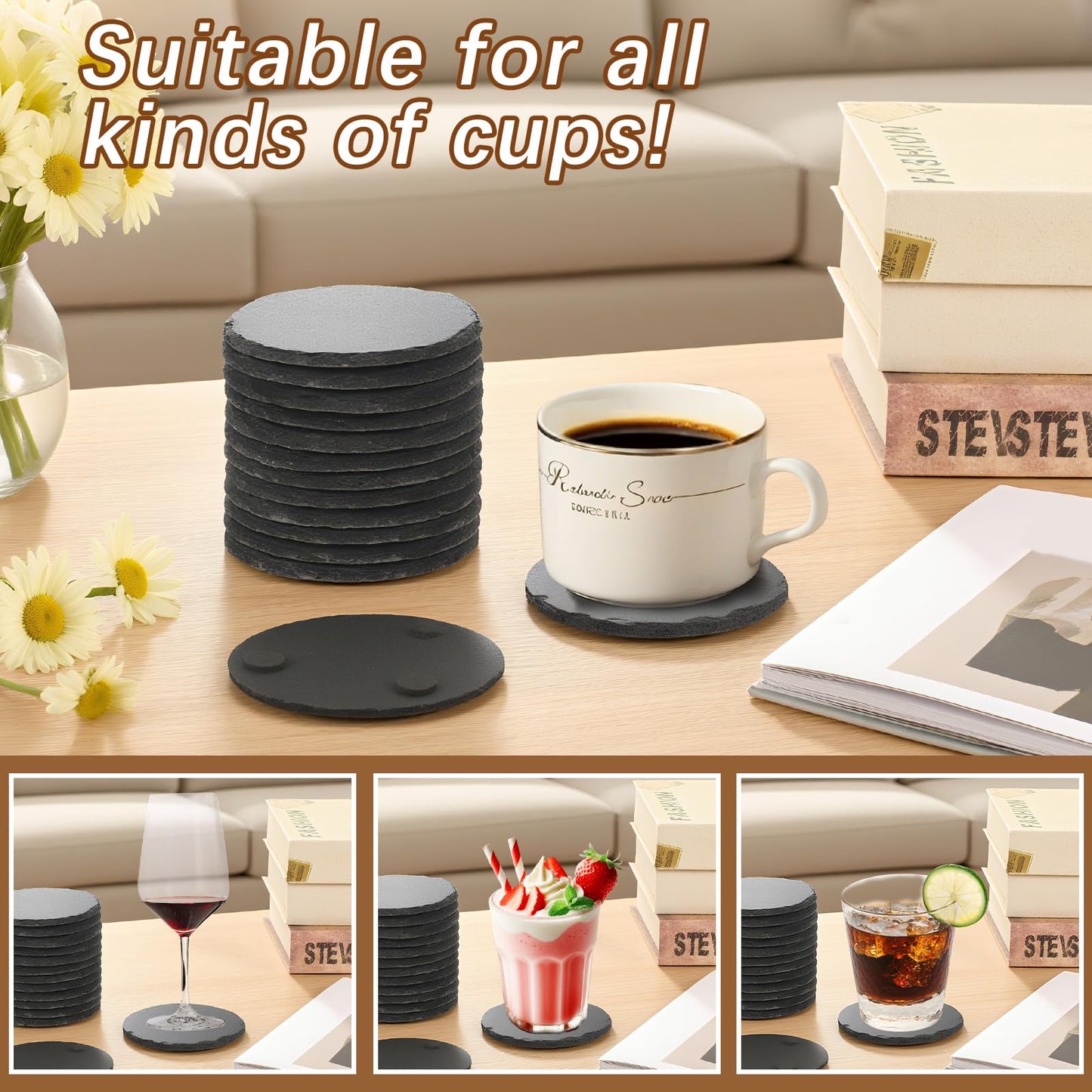72 PCS Black Natural Slate Coasters Bulk Set 4 Inch Laser Engraving Blanks with Anti Scratch Bottoms for Home, Office, Bar, Gifts Round Coasters