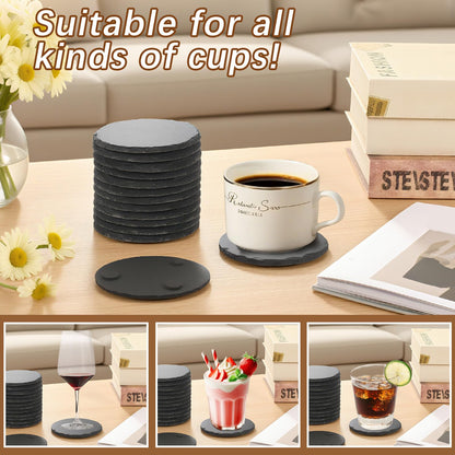 72 PCS Black Natural Slate Coasters Bulk Set 4 Inch Laser Engraving Blanks with Anti Scratch Bottoms for Home, Office, Bar, Gifts Round Coasters