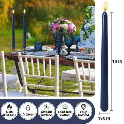 12 Pack 10 inch Navy-Blue Taper Candle Set for Holiday Dinner Party, Unscented Long Candlesticks, Dripless and Smokeless, 7-8 Hours Burn