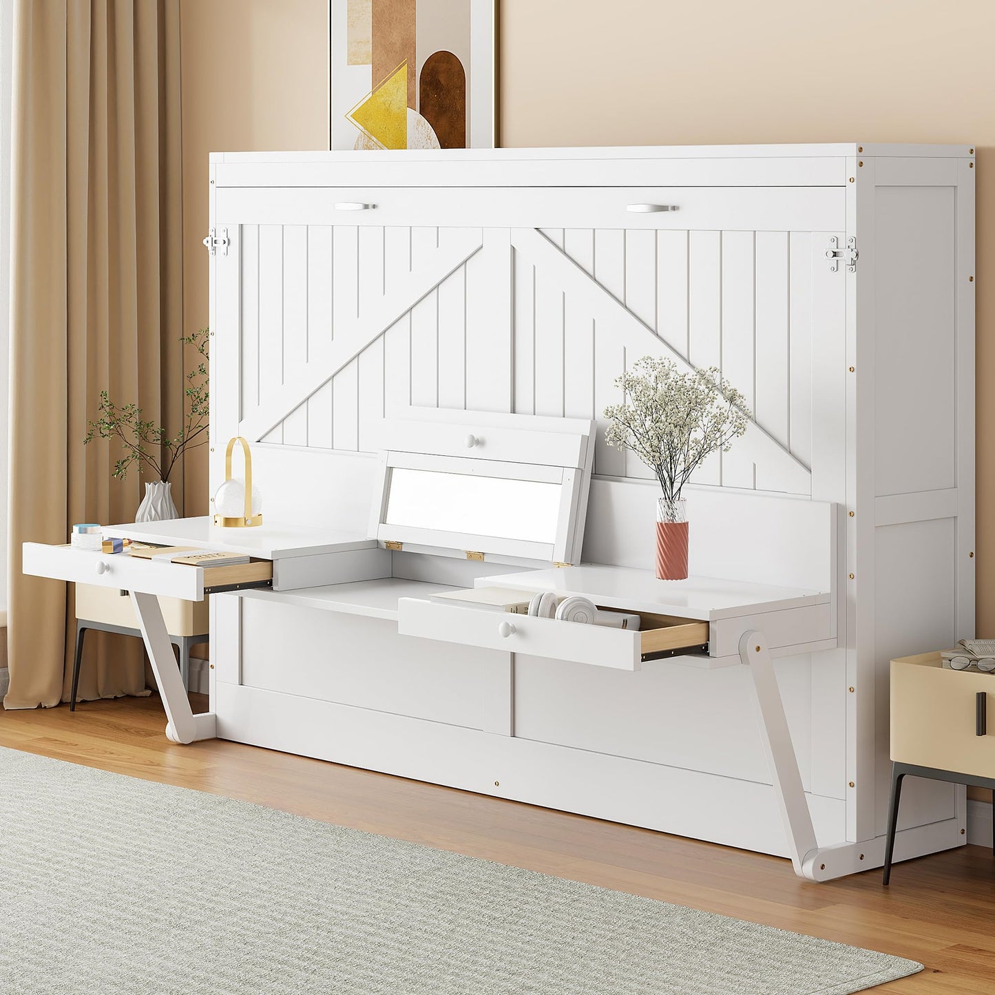 Merax Queen Size Murphy Bed with Vanity Desk, Foldable Murphy Cabinet Bed with Center Mirror and 2 Side Storage Drawers, Wood Space-Saving Hidden Wall Bed Cabinet for Guest Room Office, White