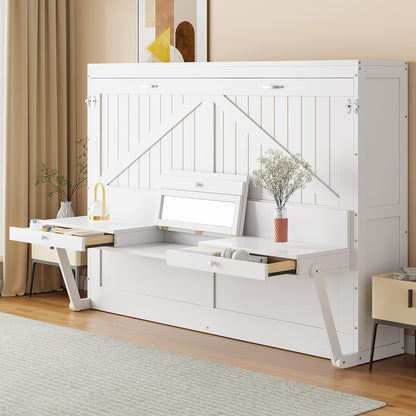 Merax Queen Size Murphy Bed with Vanity Desk, Foldable Murphy Cabinet Bed with Center Mirror and 2 Side Storage Drawers, Wood Space-Saving Hidden Wall Bed Cabinet for Guest Room Office, White