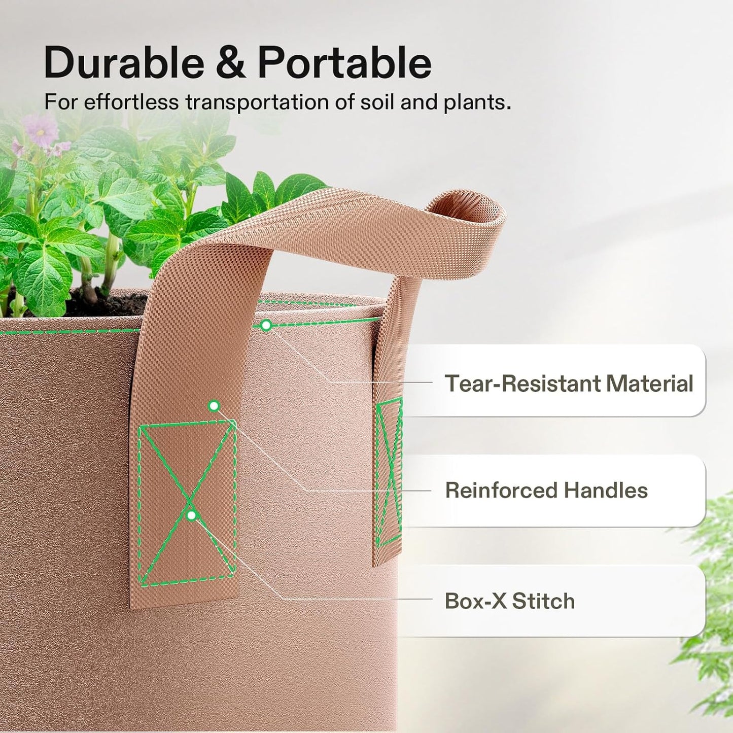 VIVOSUN 20 Gallon Heavy Duty Grow Bags - 5-Pack Nonwoven Fabric Pots with Strap Handles | Tan