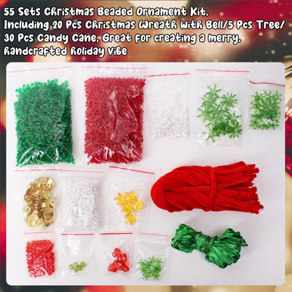 AWHETIE Christmas Crafts for Adults Kids,55 Sets Christmas Beaded Ornament Kit,Including 20 Pcs Wreath with Bell/5 Pcs Tree/30 Pcs Candy Cane,Holiday Tree Decorations Party Supplies