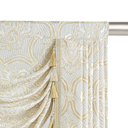 Loom and Mill European Elegant Waterfall Valance for Living Room, Luxury Jacquard Frame Swag Valances with Tassels, Beige Gold Floral Swag Curtains for Bedroom Window Holiday Decor(W59 Inch,1 Panel)