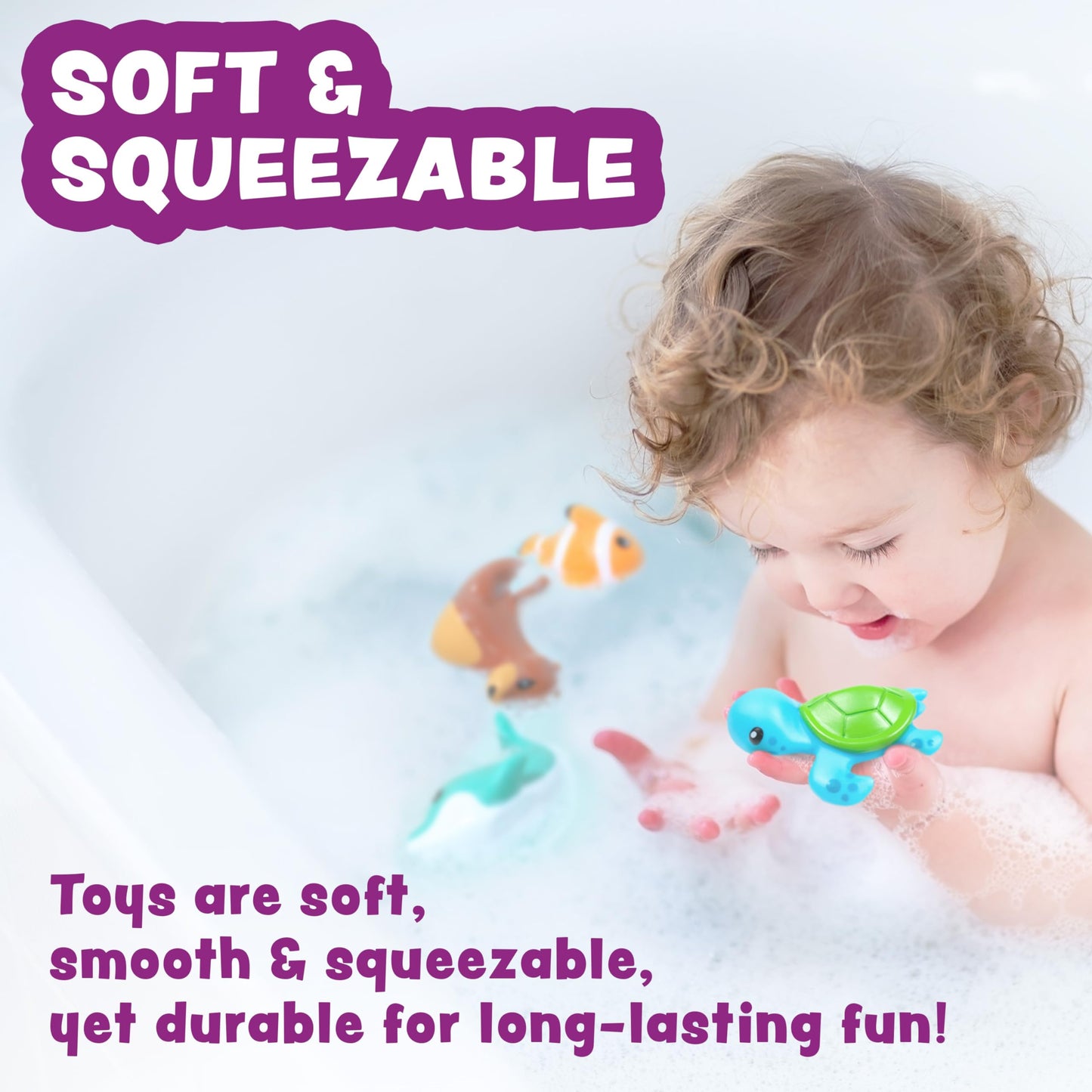 Tub Works® Marine™ Mold Free Bath Toys, 6 Pack | Sealed, No Hole Bath Toys Design Keeps Moisture Out | Soft, Squeezable & Float on Water | Easy-Grip Baby & Toddler Bath Toy Set | Great Baby Pool Toys
