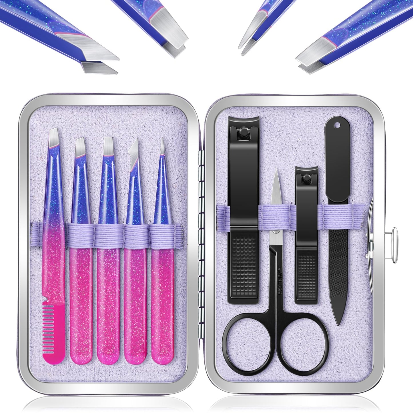 MORGLES Tweezers Set and Nail Clippers, 9 Pcs Stainless Steel Tweezers Kit for Men Professional Manicure Set for Men Grooming Kit with Leather Travel Case