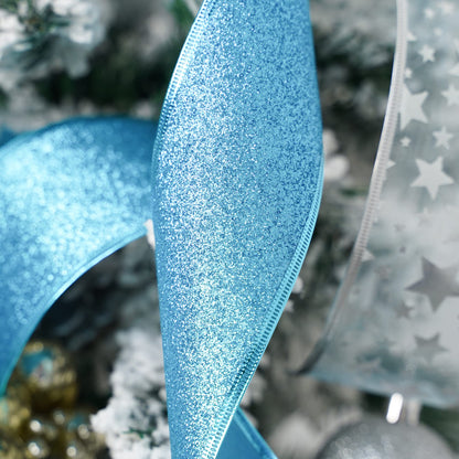 MEEDEE Turquoise Christmas Ribbon - 2.5 Inch, 6 Rolls, 36 Yards - Blue & Silver for Christmas Tree