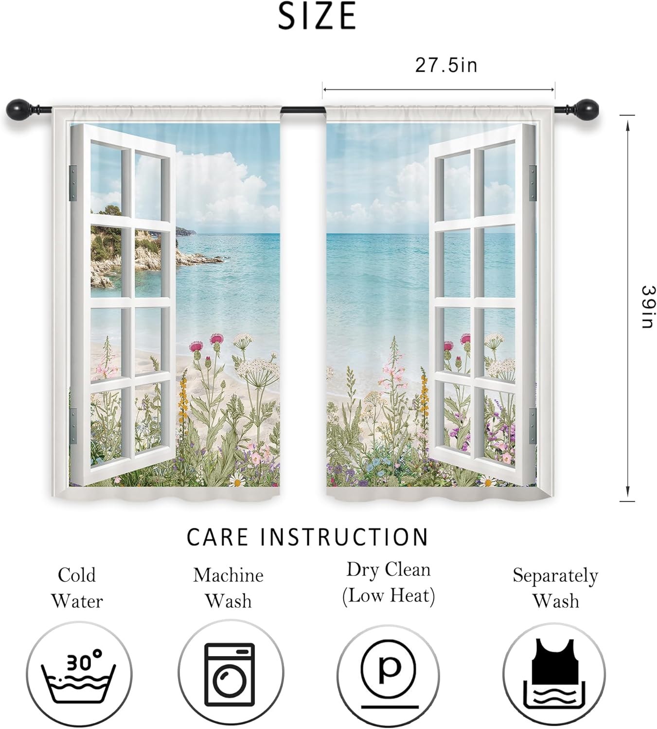Riyidecor Ocean Beach Coastal Kitchen Curtains, Short Hawaiian Floral Scenery, 2 Panels 27.5Wx39H Inch
