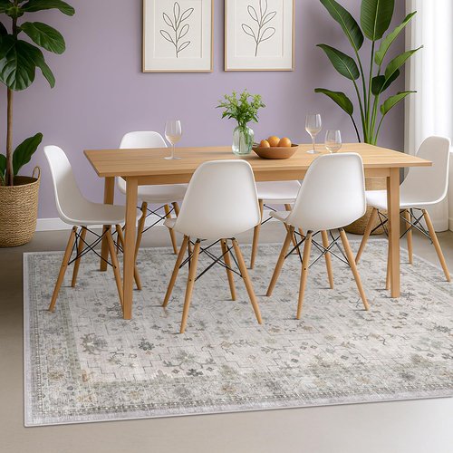 Hazo Haus Boho Light Grey Area Rug - Modern Vintage Floral Design, Washable 6x8 Non-Slip for Living Room & Dining Room