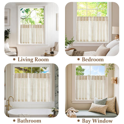 jinchan Linen Pinch Pleated Kitchen Curtains 30 Inch 2 Panels, Natural Linen Tier Curtains Back Tab Farmhouse Cafe, Light Filtering Small Window Drapes for Bathroom Laundry Room Beige