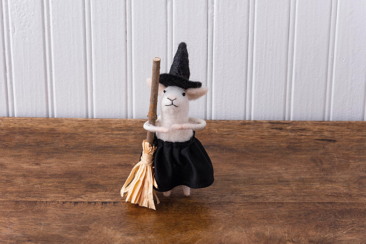 Primitives by Kathy Halloween Collectible Felt Critter, 5.5-inch Witch Mouse with Broomstick in a Witchy hat, Spooky Tiered Tray & Shelf Sitter Decor, Mix & Match with Our Other Collectible Figurines