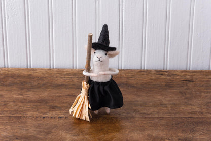 Primitives by Kathy Halloween Collectible Felt Critter, 5.5-inch Witch Mouse with Broomstick in a Witchy hat, Spooky Tiered Tray & Shelf Sitter Decor, Mix & Match with Our Other Collectible Figurines