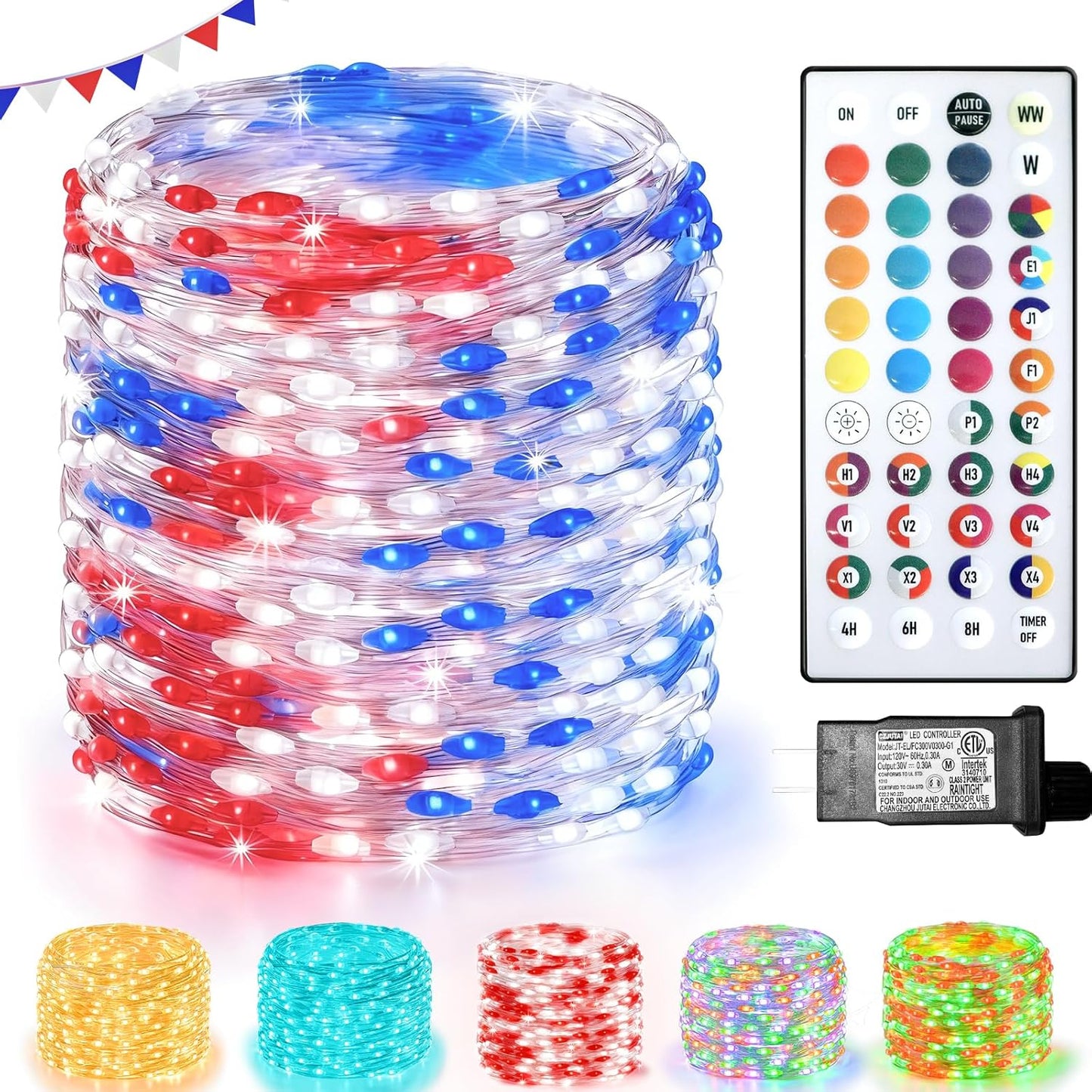 200 66 35 4th Lovelite LED Fairy Lights Color Changing, FT Colors of July Fairy Lights with Remote, Red White and Blue