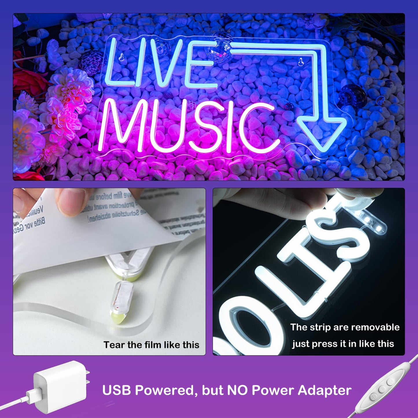 Live Music Neon Sign LED Neon Sign Large Blue and Pink Words for Music Studio USB Powered Switch for Wall Decor Beer,Bar,Bedroom,Party,Club