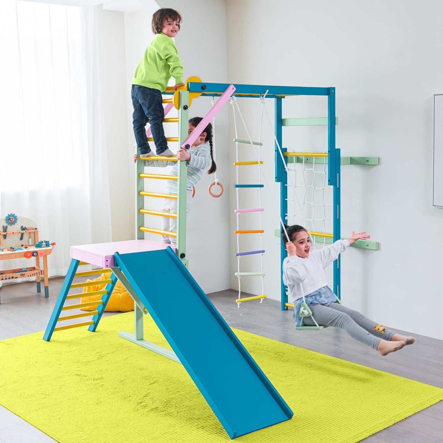 Avenlur Grove 9-in-1 Indoor Jungle Gym Playground: Montessori Waldorf Style Wood PlaySet for Kids, and Toddlers Features Monkey Bars, Rope Wall Net, Ladder, Climber, Slide, Ring Set. Ages 2-11yrs