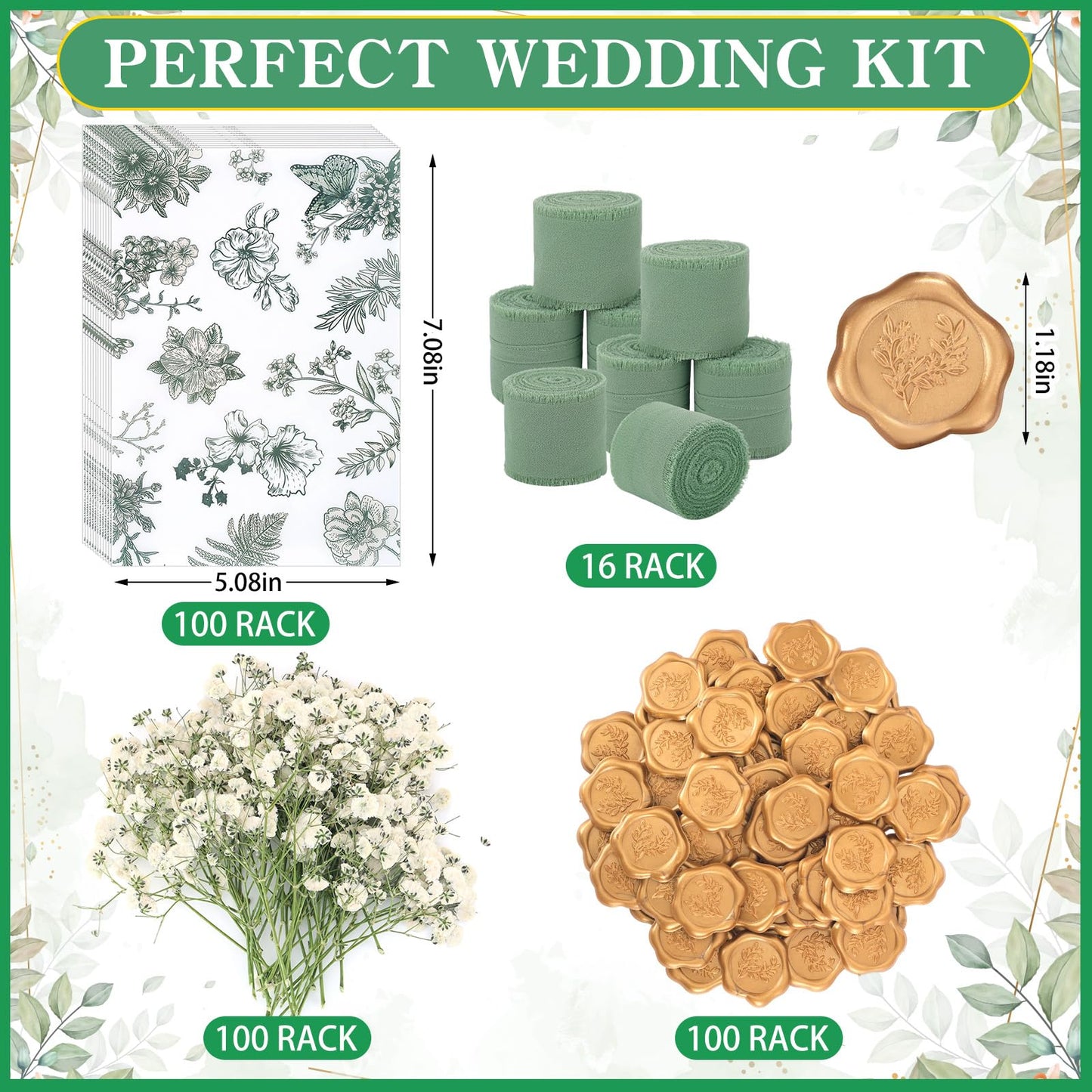 FeilxStella 100 Sets Wedding Invitations Kit with Pre-Folded Vellum Jackets for 5x7 Cards, Sage Green Chiffon Ribbon, Gold Wax Seal Stickers, Dried Pressed Flowers, DIY Wedding Invitation Supplies