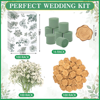 FeilxStella 100 Sets Wedding Invitations Kit with Pre-Folded Vellum Jackets for 5x7 Cards, Sage Green Chiffon Ribbon, Gold Wax Seal Stickers, Dried Pressed Flowers, DIY Wedding Invitation Supplies