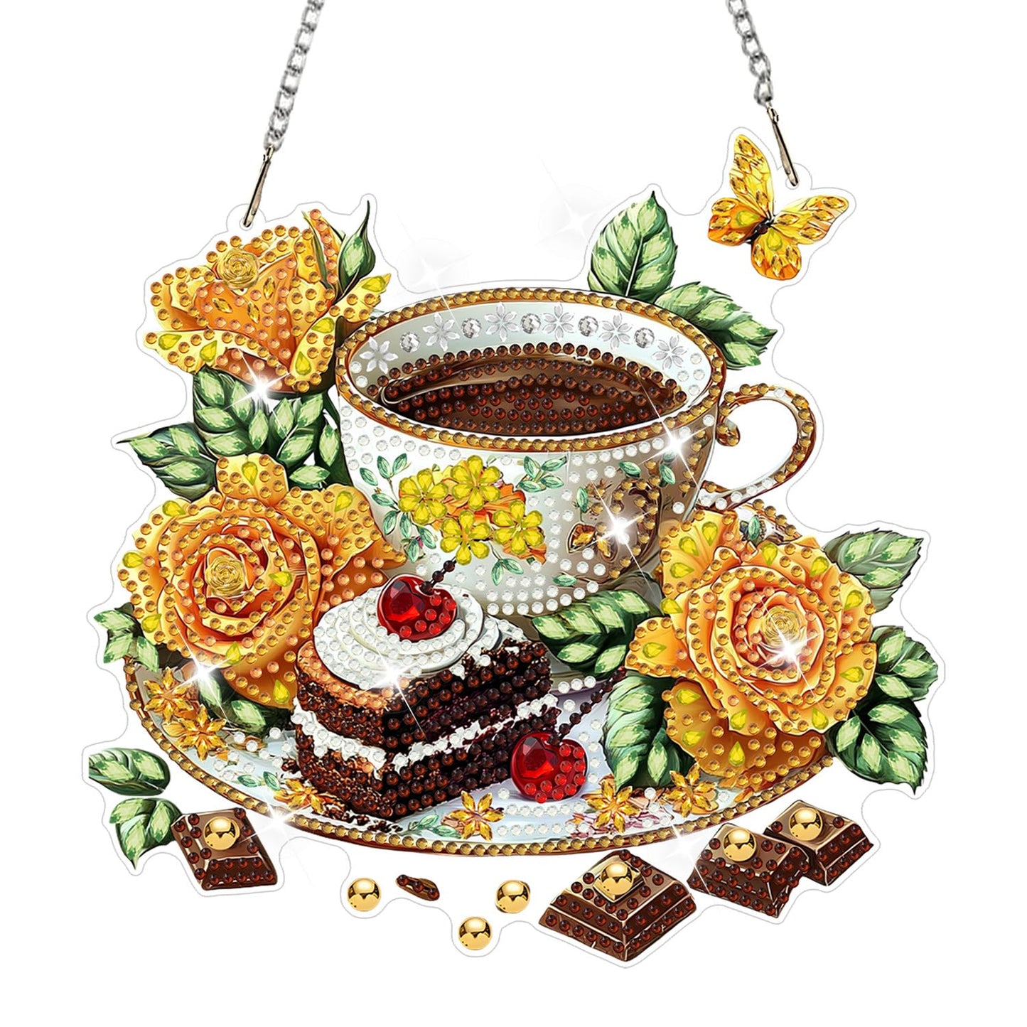 AIRDEA Coffee Diamond Painting Hanging Kits Pendant for Adult, Yellow Roses and Cake Special Shaped Diamond Art Flowers Window Pendant Ornament,7.68x7.48in