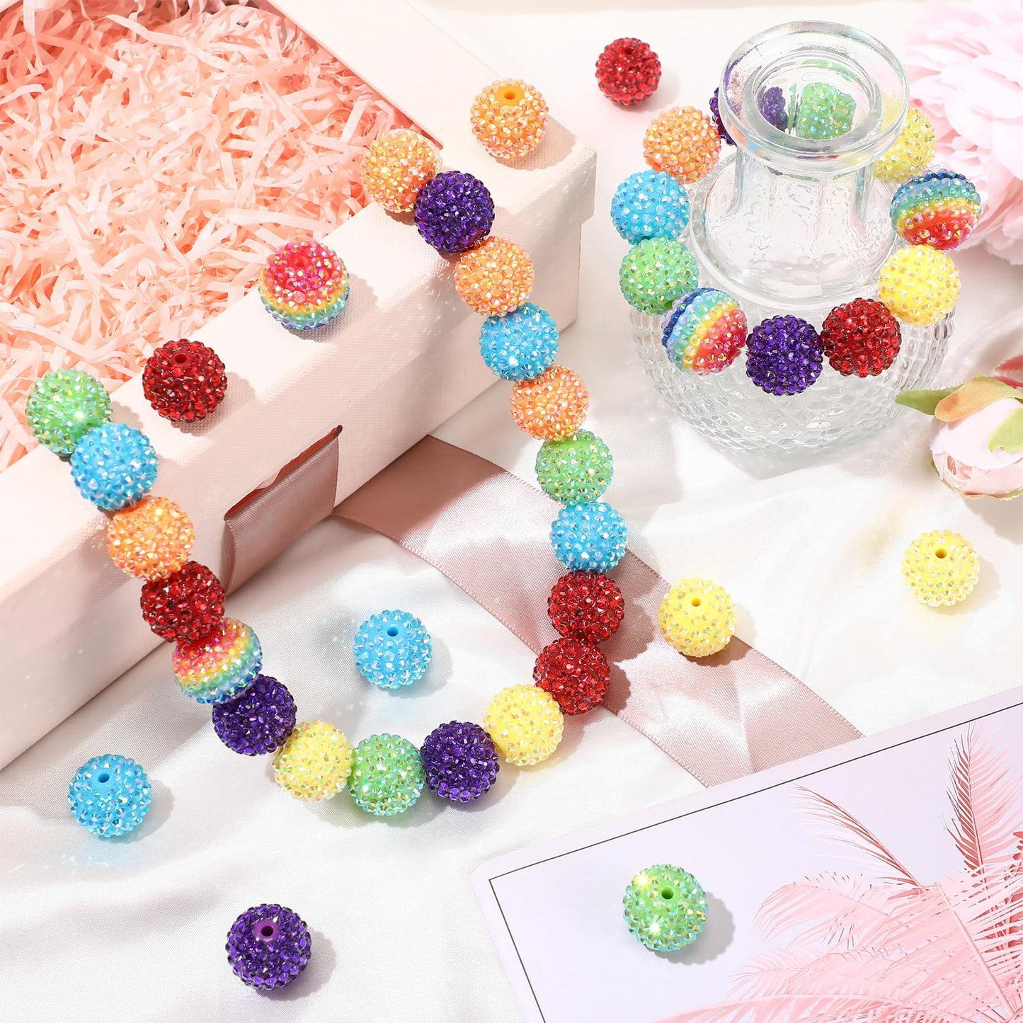 Loetere 40 Pcs 20 mm Rhinestone Beads Bulk Crystal Round Disco Ball Chunky Bubblegum Beads for Pens Bracelets Charms Craft European Style Jewelry Making Supplies Christmas(Rainbow)