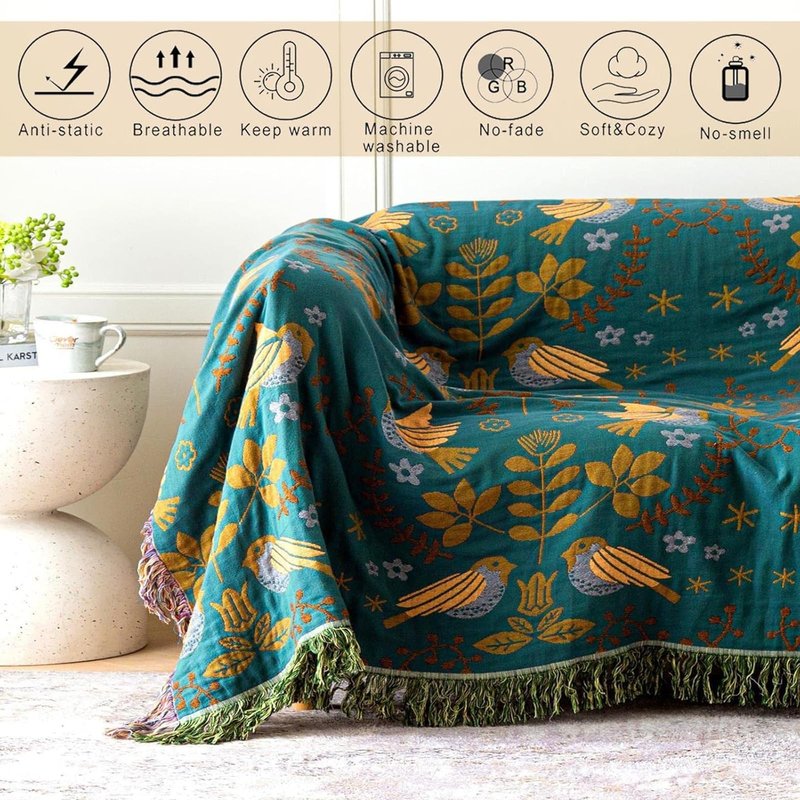 MSGKV Boho Throw Blanket 50"x60" Cotton Blanket for Couch and Sofa Cover for Living Room Spring Throw Decorative Woven Bird Blankets