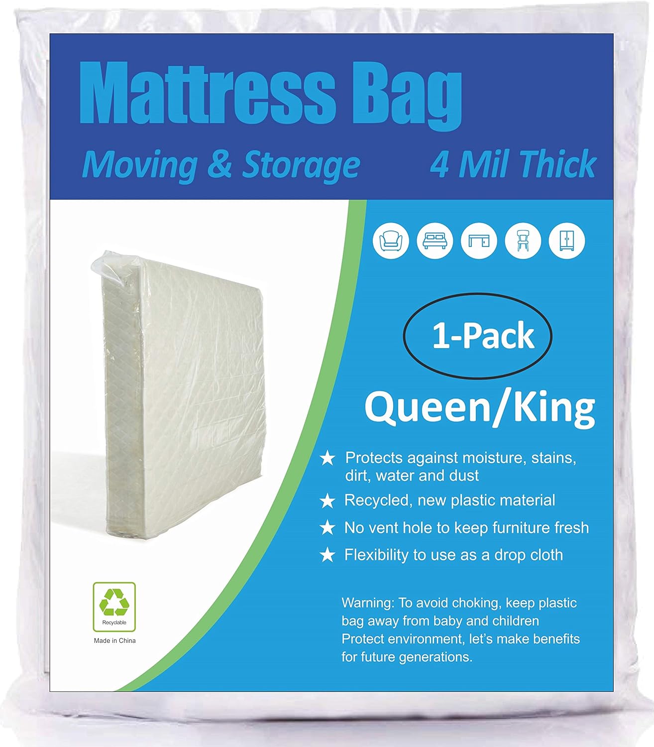 ComfortHome Mattress Bag for Moving and Storage - 4 Mil Extra Thick, Queen and King Size, 1 Pack