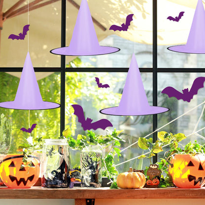 Whaline 14Pcs Halloween Purple Witch Hats with 109 Yard Hanging Rope 32Pcs 3D Bat Stickers Hanging Witch Caps for Home Garden Yard Lawn Decoration