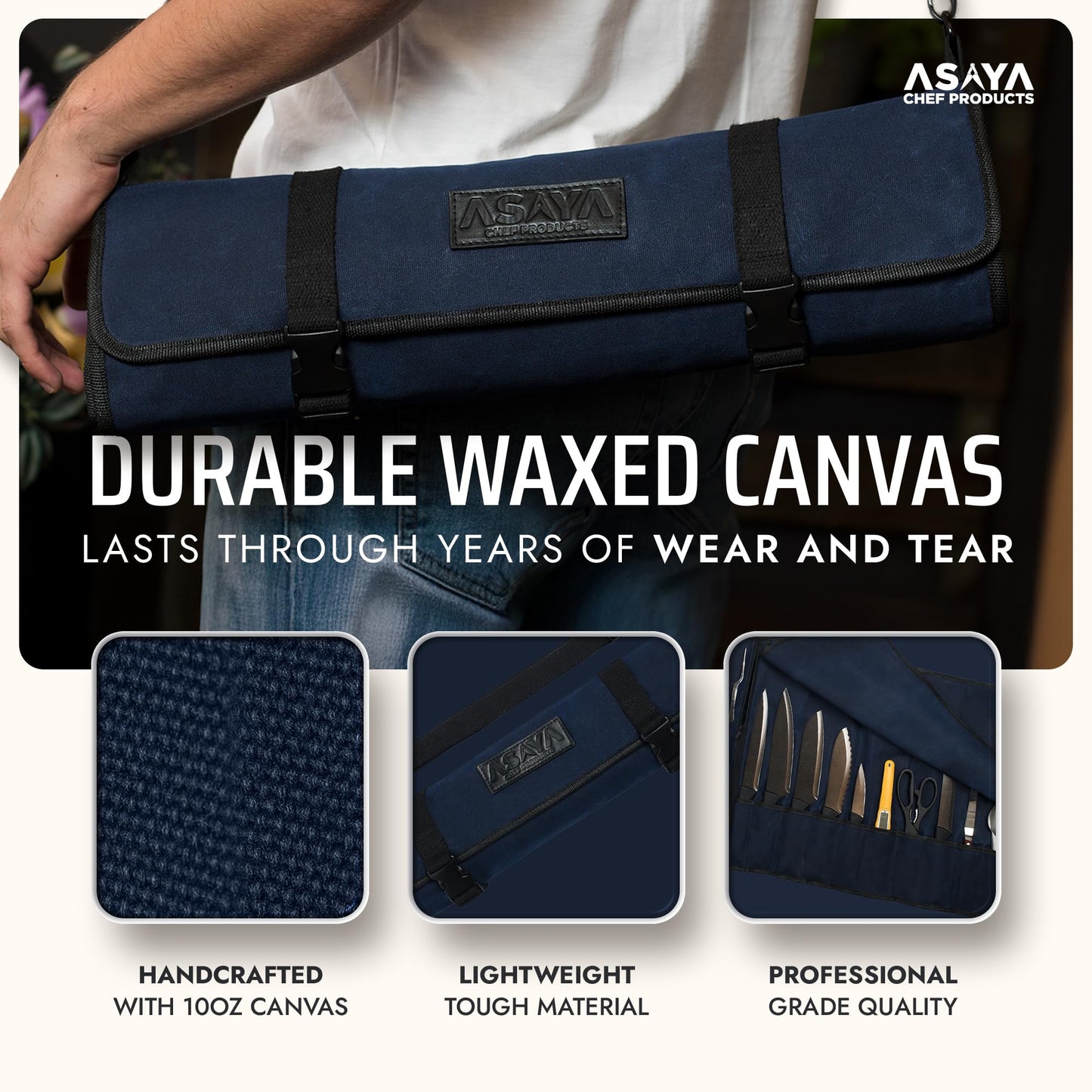 Asaya Waxed Canvas Chef Knife Roll Bag with 10 Slots and a Zipper Pocket - Professional Chef Knife Bag & Storage Case, with Shoulder Strap - Knives Not Included (Blue)