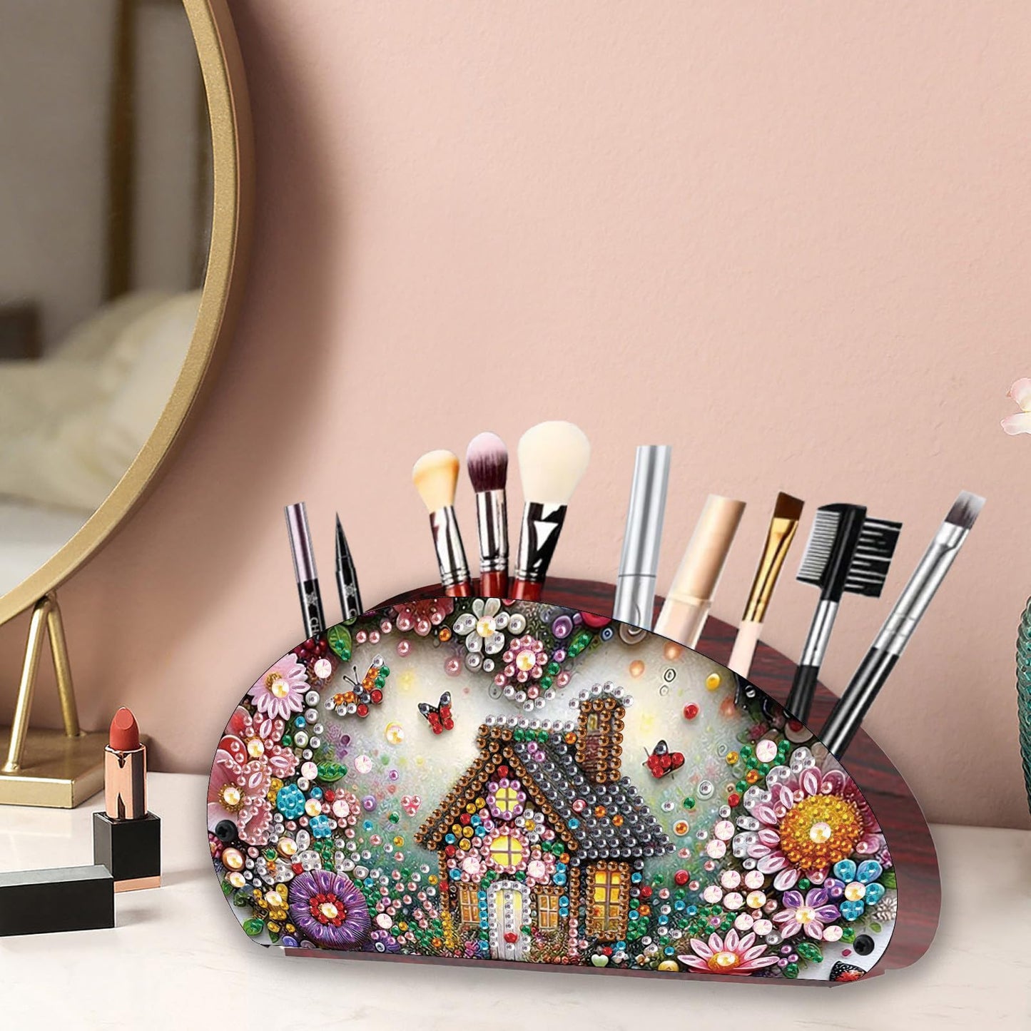 ARTopet Diamond Art Painting Multi-grid Storage Box DIY Wooden Moon Fan-Shaped Tabletop Organizer Double Sided Drill Makeup Brush Organizer for Women Office Home Ornament-House