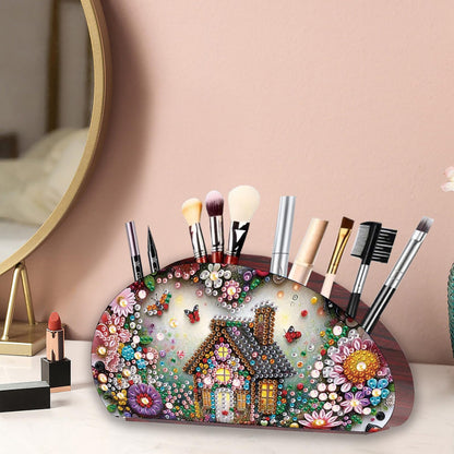 ARTopet Diamond Art Painting Multi-grid Storage Box DIY Wooden Moon Fan-Shaped Tabletop Organizer Double Sided Drill Makeup Brush Organizer for Women Office Home Ornament-House