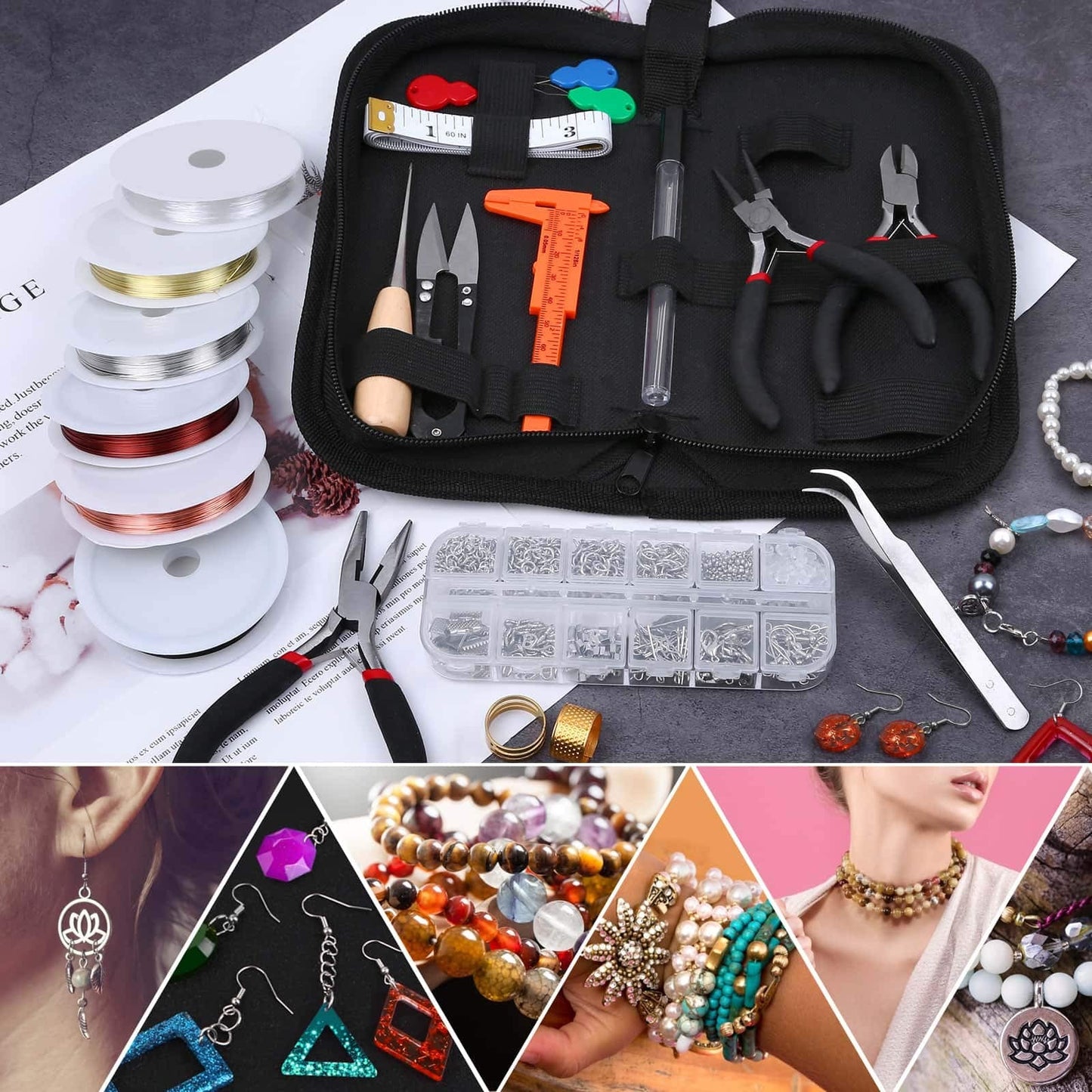 Thrilez Wire Wrapping for Jewelry Making, Repair and Beading Supplies Kit with Craft Ring Wire, Tools, Pliers and Jewelry Findings