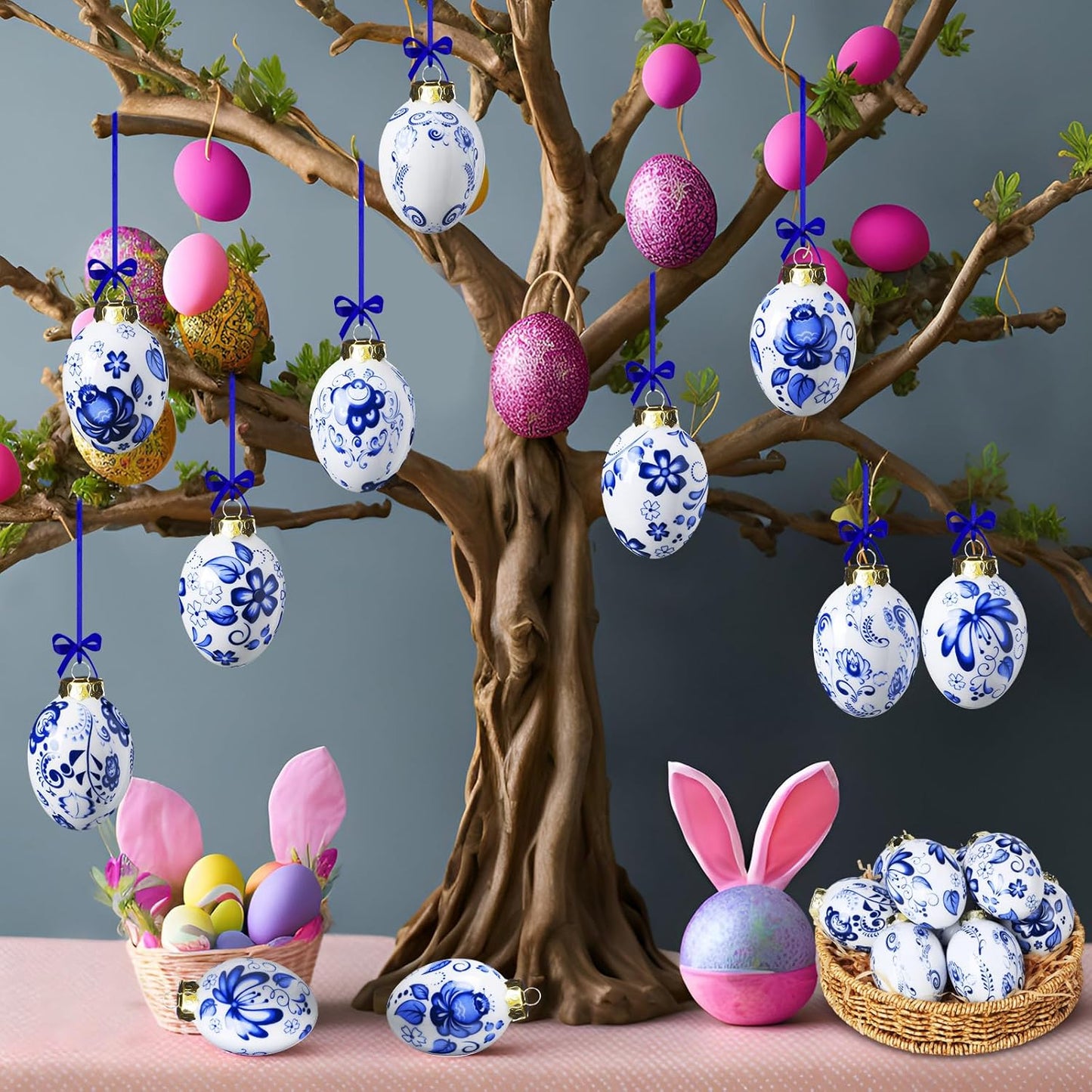 9 (9 Funtery Pcs Chinoiserie Porcelain Blue and White Easter Egg Hanging Pendants - Decorative Hanging Ornaments