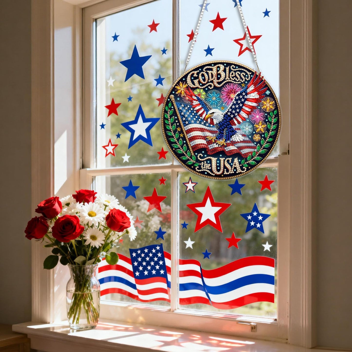 CEOVR Bald Eagle Hanging Diamond Art for Adults, Independence Day Diamond Painting Pendant American Flag DIY Gem Art Wall Ornament, Acrylic Home Garden Decor with Chain, Box Kit 7.79×7.77inch