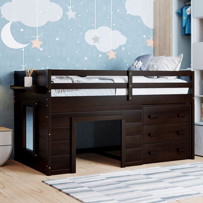 Merax Twin Size Loft Bed, Wood Bedframe for Kids Teens Adults Bedroom with Cabinet, Shelf, Stairs, Espresso