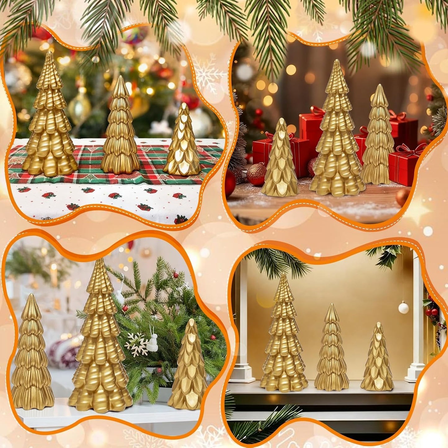 Warmtree Gold Christmas Tree Figurines Set - 3 Pcs Small Resin Tabletop Decor for Indoor Holiday Home Styling